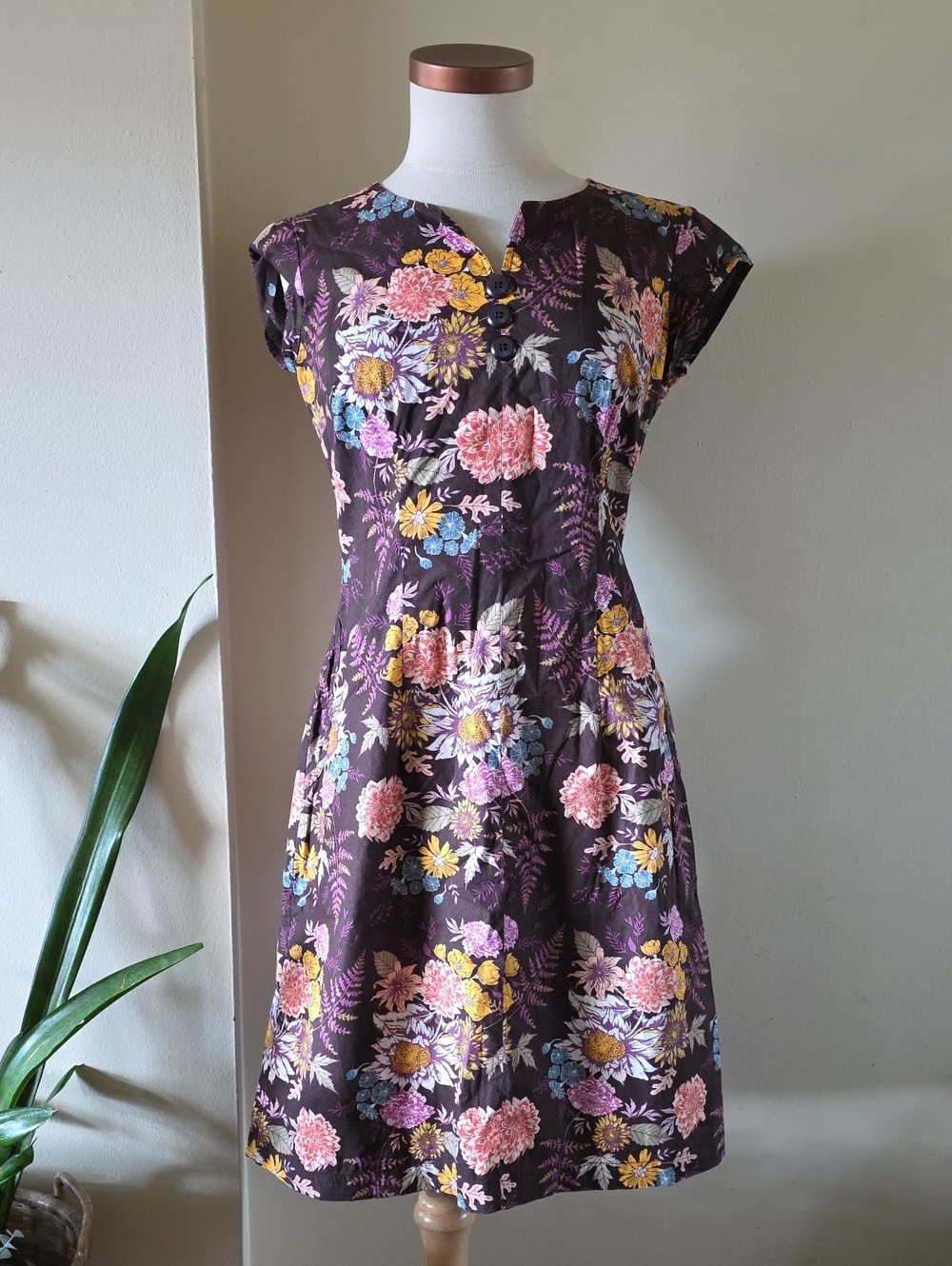 Mandala Design Cap Sleeve Fleur Print A Line Dress W/Pockets - S Made In CANADA